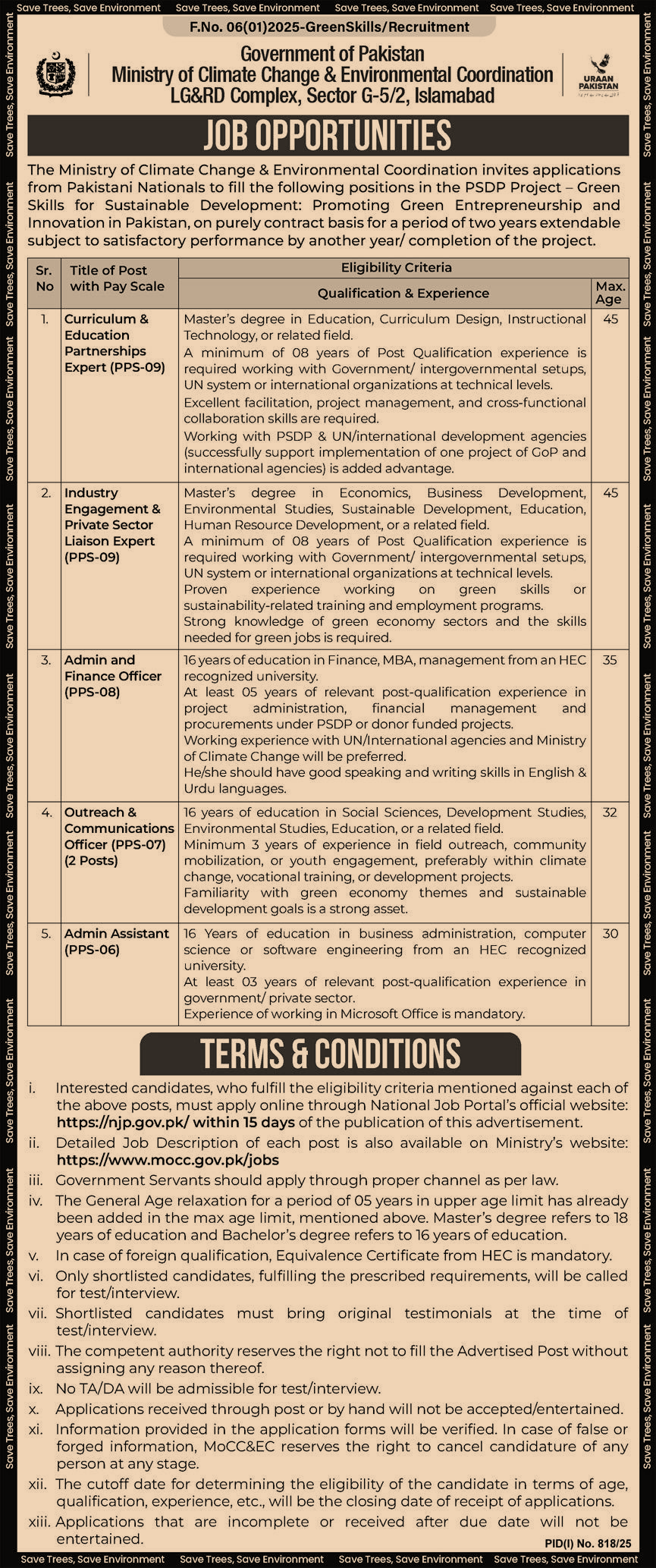 Latest Ministry of Climate Change and Environment Coordination Jobs Islamabad