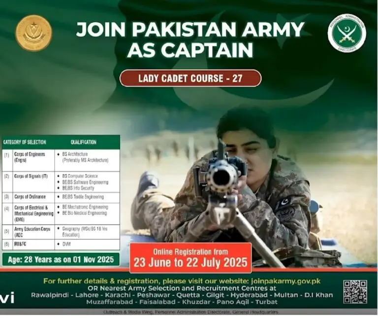 Join Pakistan Army as a Captain via Lady Cadet Course-27, June 2025