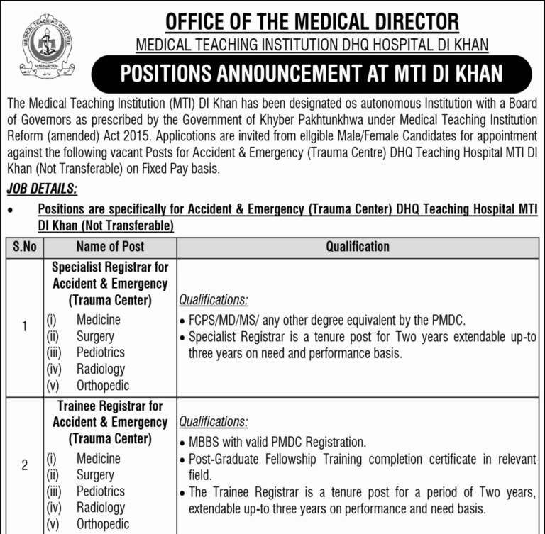 Latest Jobs in Medical Teaching Institution DHQ Hospital DI Khan