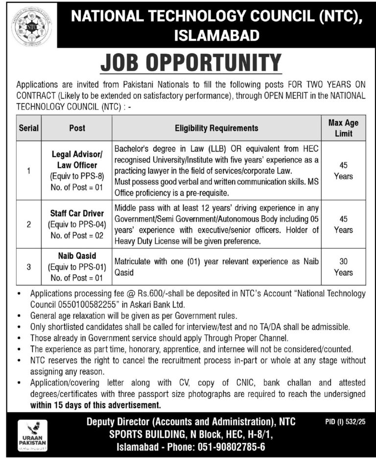Latest Jobs in National Technology Council Islamabad 2025