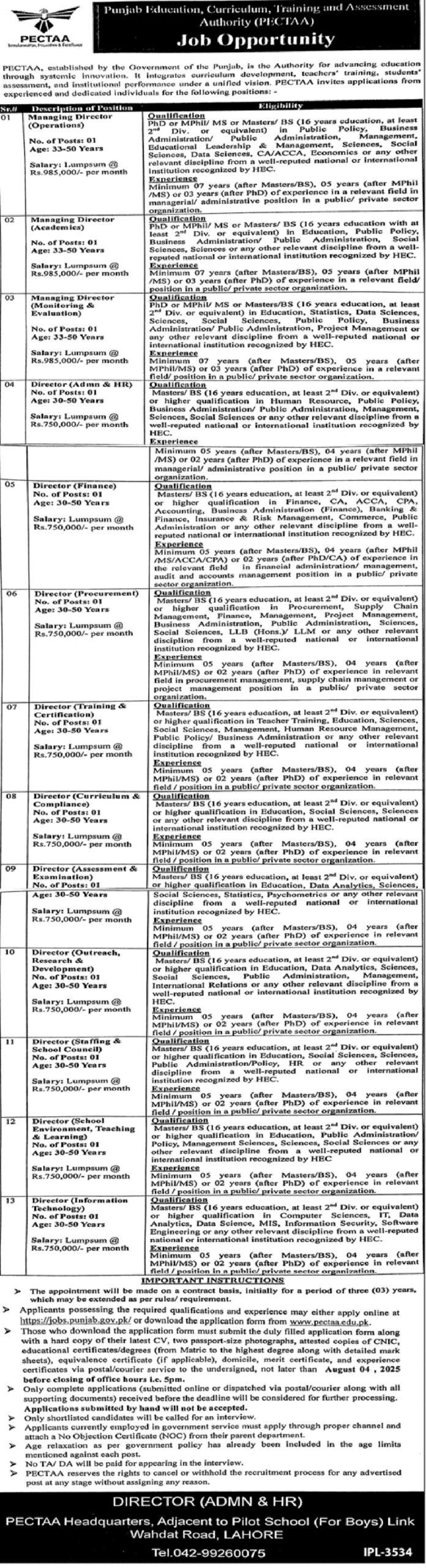 Latest Jobs in Punjab Education, Curriculum, Training and Assessment Authority (PECTAA), Government of Punjab