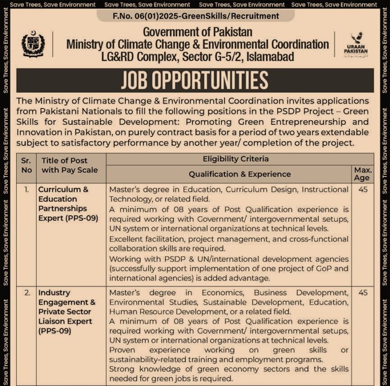Latest Ministry of Climate Change and Environment Coordination Jobs Islamabad