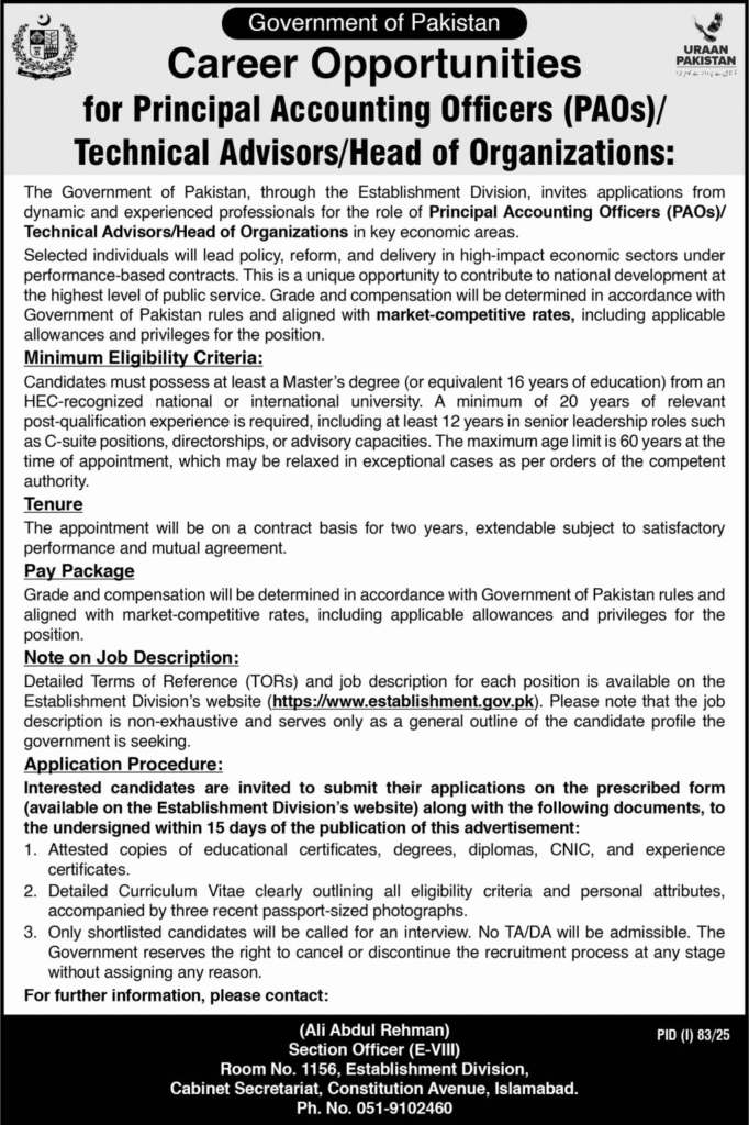 Latest Jobs in Principal Accounting Officers ?Technical Advisors/ Head of Organizations Jobs