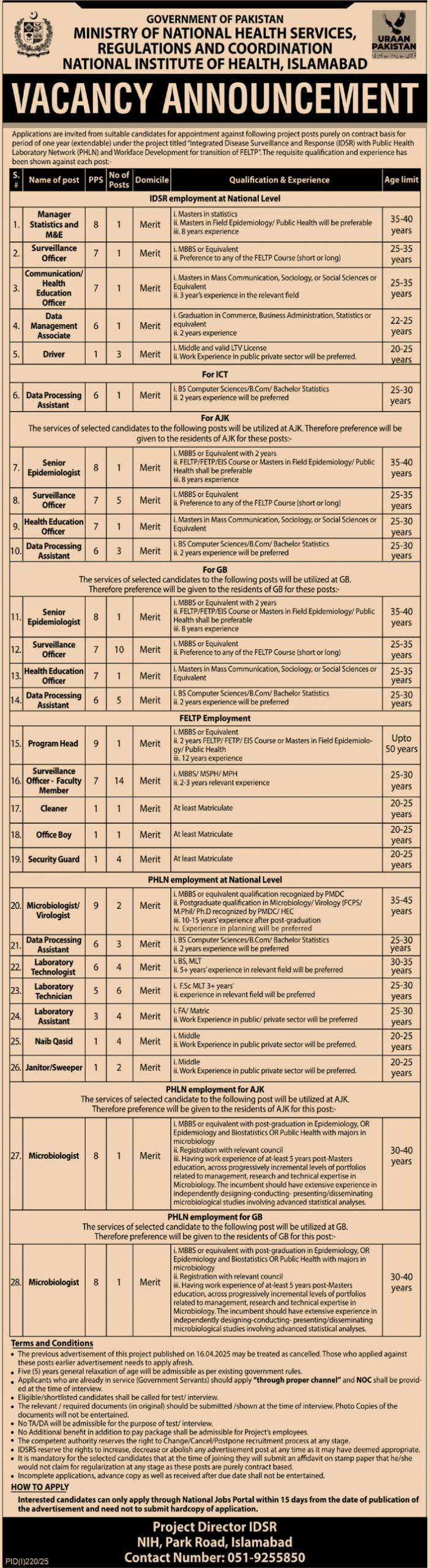 Latest jobs in National Institute of Health Islamabad July 2025