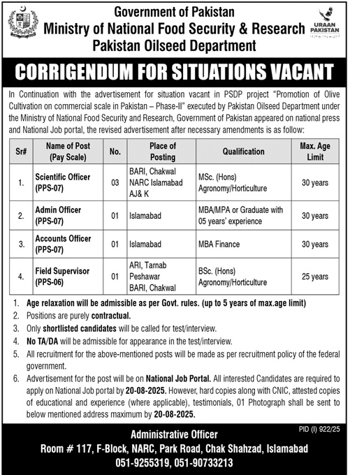 Latest Ministry of National Food Security & Research Corrigendum Jobs Government of Pakistan