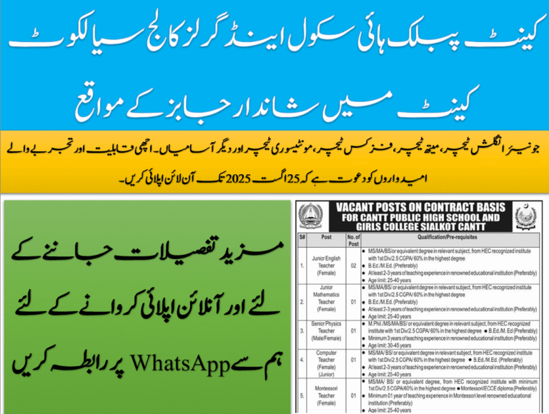 Latest Cantt Public High School and Girls College Jobs Sialkot Cantt