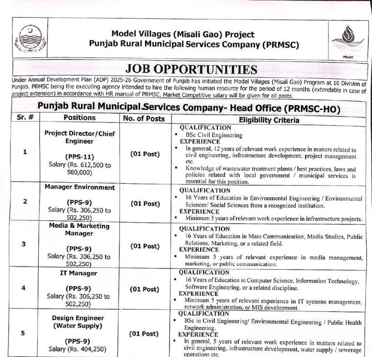 Latest Punjab Rural Municipal Services Company Jobs 2025 Latest Punjab Rural Municipal Services Company Jobs 2025