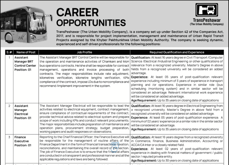 Latest TransPeshawar Jobs The Urban Mobility Company KPK