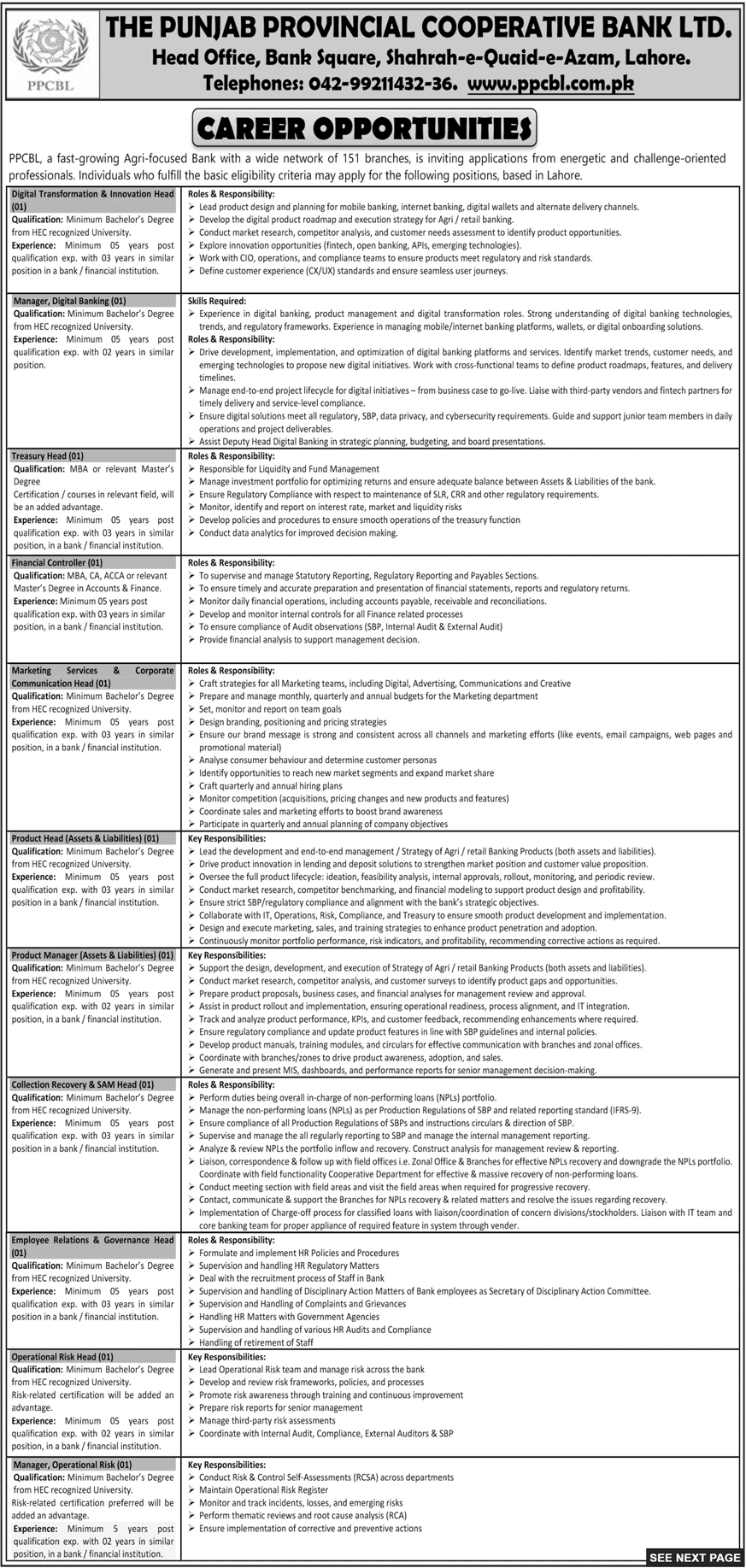 Latest The Punjab Provincial Cooperative Bank Ltd Jobs 2025