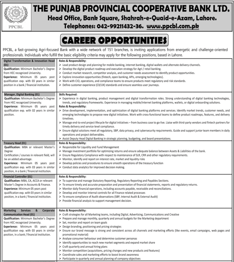 Latest The Punjab Provincial Cooperative Bank Ltd Jobs 2025