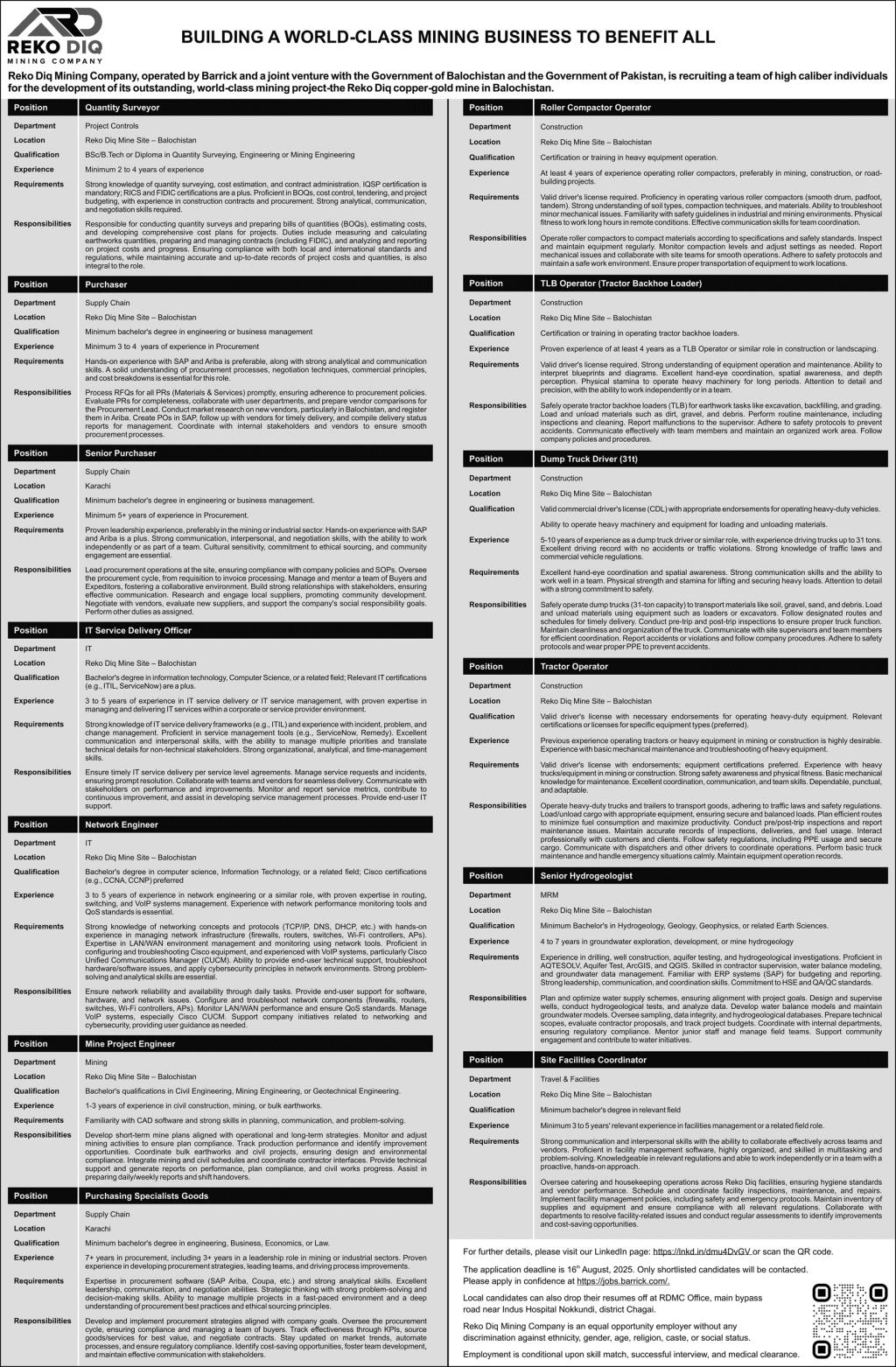 Latest Reko Diq Mining Company Jobs in Pakistan